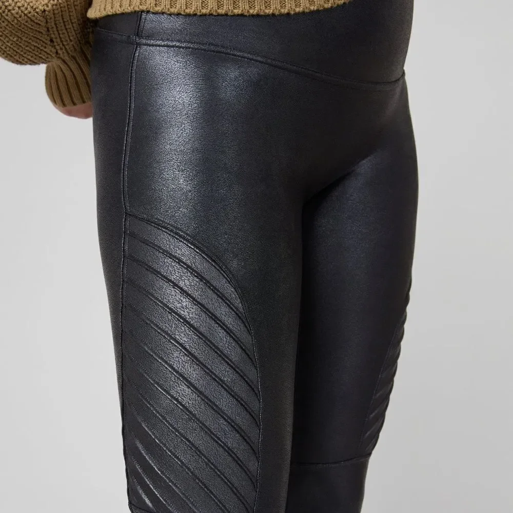 $110 NWOT Spanx Faux Leather Moto Style Black Leggings Size SMALL S/P
